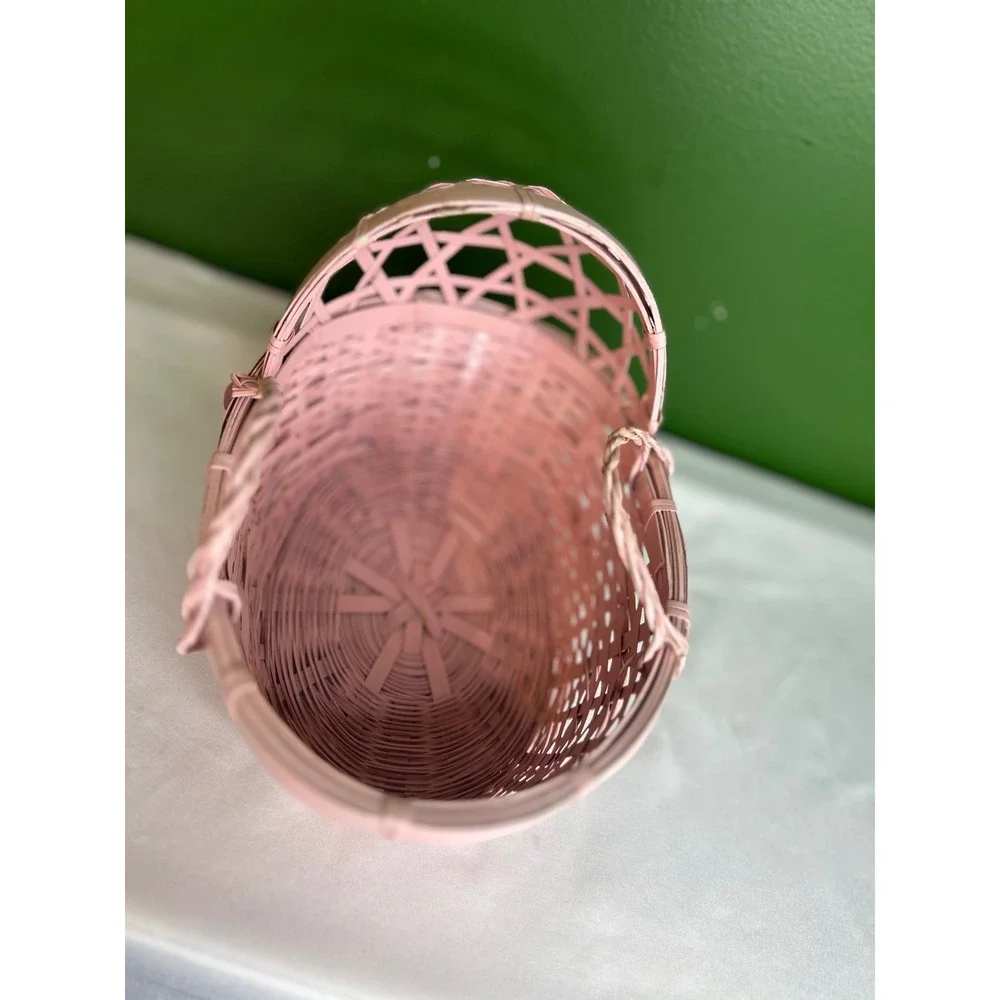 Vintage Pink Wicker Bassinet Basket Nursery Decor Baby Shower Gift Basket Hooded